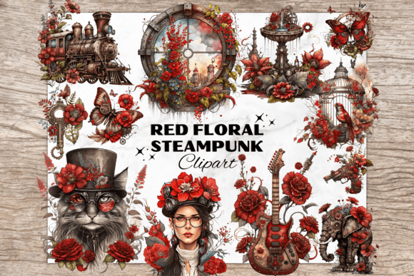 Download Red Floral Vintage Elements - Steampunk - Premium Resources