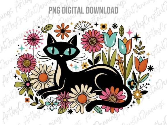 Download Retro 70s Black Cat Floral PNG - Black cat Collection