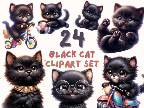 Download Cute Black Cat Watercolor Clipart Set - Black cat Collection
